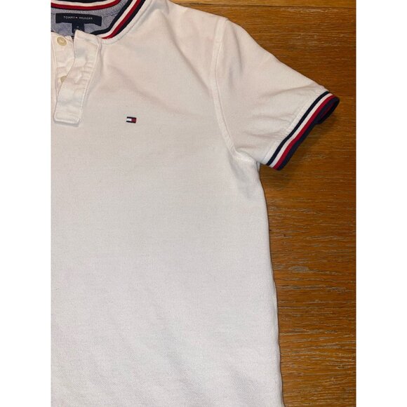 Tommy Hilfiger Mens White Polo Shirt With Striped Collar & Sleeves - Picture 3 of 5